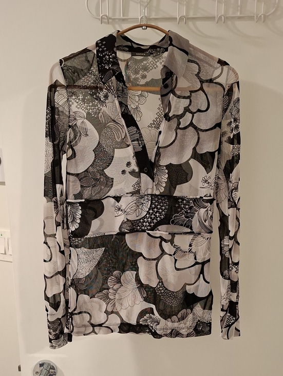 Mexx Tops - Mexx Vintage/Y2K Mesh/Sheer Black & White Floral Graphic Blouse (Size M)